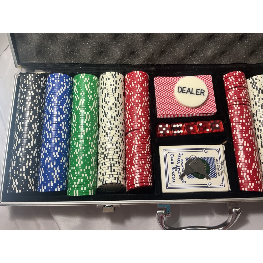 Used Piece Poker Chip Set with Aluminum Case Bee Playing Cards Dice Dealer Butto - Picture 10 of 11
